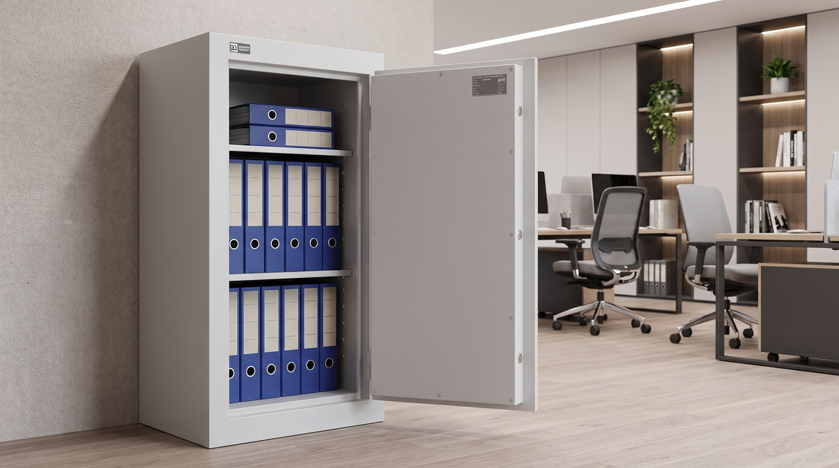 Geöffneter Dokumentenschrank mit Aktenordnern in einem Büro