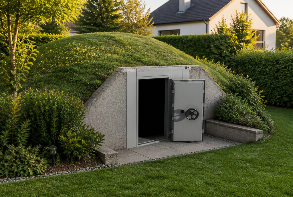 Erdüberdeckter Bunker mit Tresortür-Eingang in einem gepflegten Garten