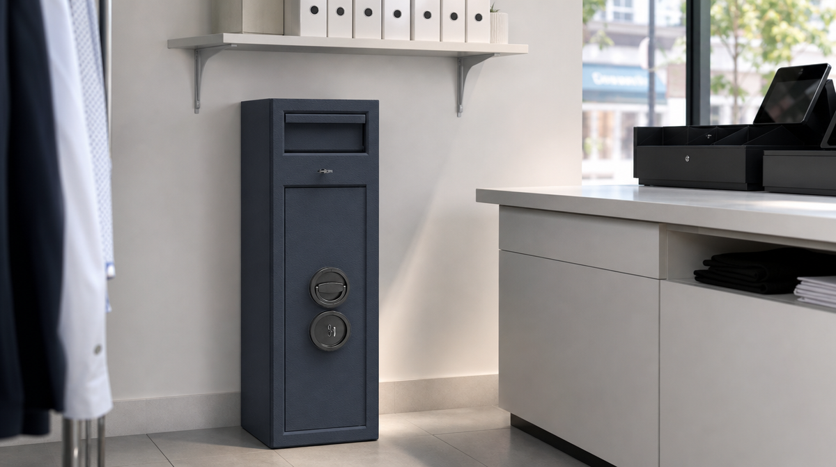 Kassenschrank Triton im hellen Einzelhandel an der Kasse