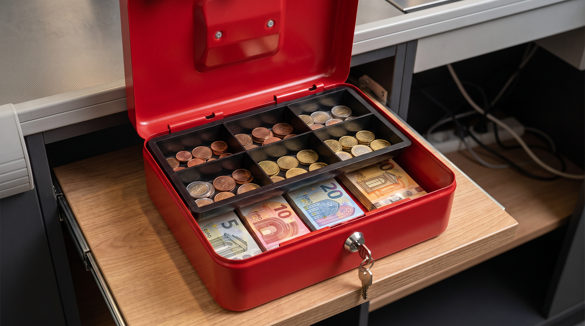 Dinas Geldkassette an der Kasse geöffnet mit Euro-Scheinen und Münzen