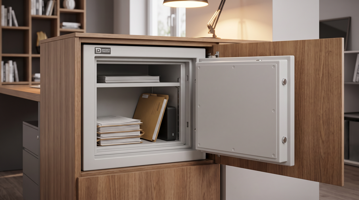 Maira Feuerschutztresor im Sideboard eingebaut, Tür offen mit Dokumenten und Datenträger