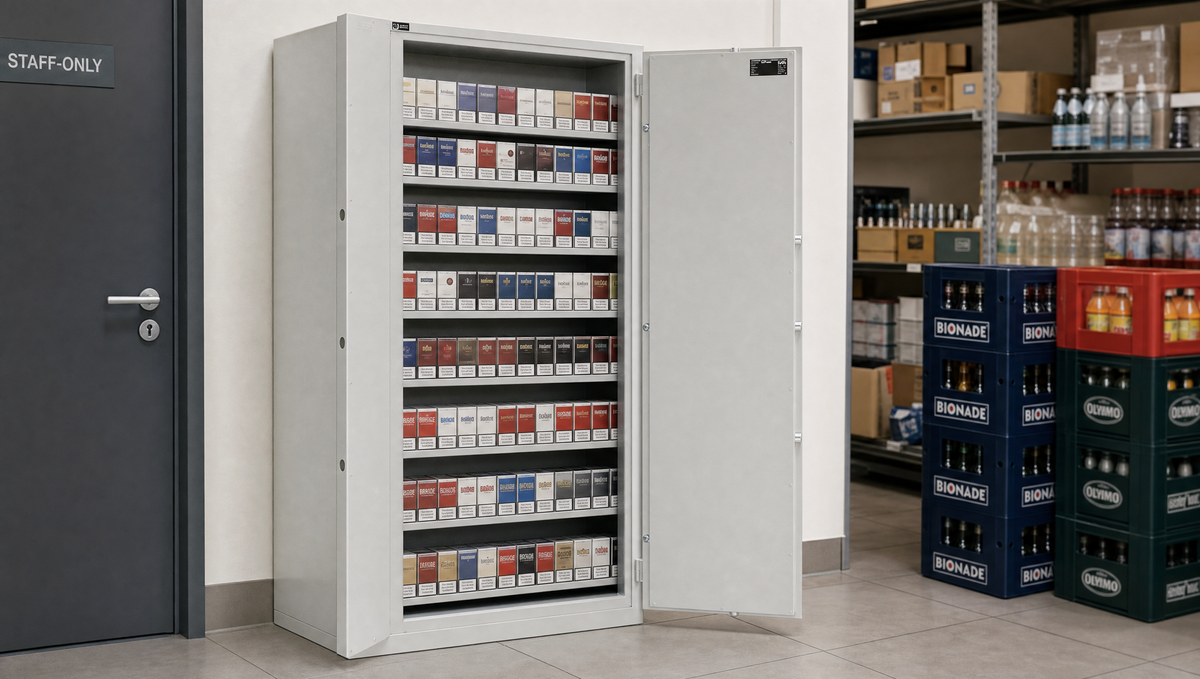Zibo Zigarettentresor hellgrau im Kiosk-Hinterzimmer, auf Sockel bündig an der Wand, rechteckige Tür in voller Höhe (Griff außen), Fächer voll mit Zigarettenschachteln, Getränkekisten daneben in korrektem Maßstab