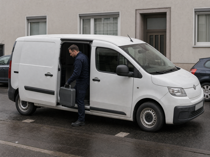 Servicetechniker nimmt den Werkzeugkoffer aus dem Servicewagen
