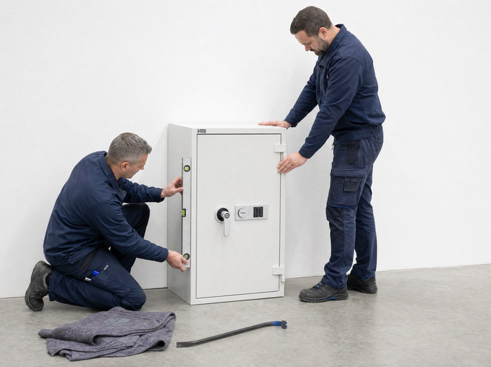 Zwei Techniker richten einen Tresor mit der Wasserwaage bündig an der Wand aus