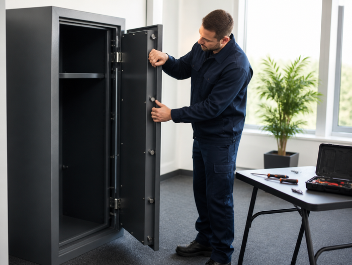 Tresorwartung: Techniker prüft Riegelwerk und Scharniere der Tresortür