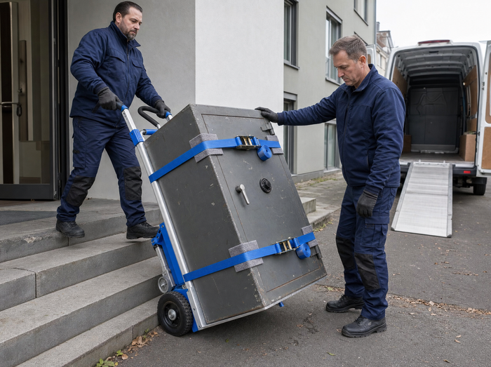 Alter Tresor gesichert auf dem Treppensteiger beim Abtransport
