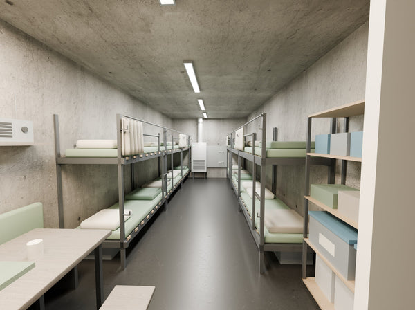 Innenansicht Monolith: Gang zwischen Etagenbetten an beiden Wänden, vorne Sitzecke und Regal, am Ende das Filtersystem BS40