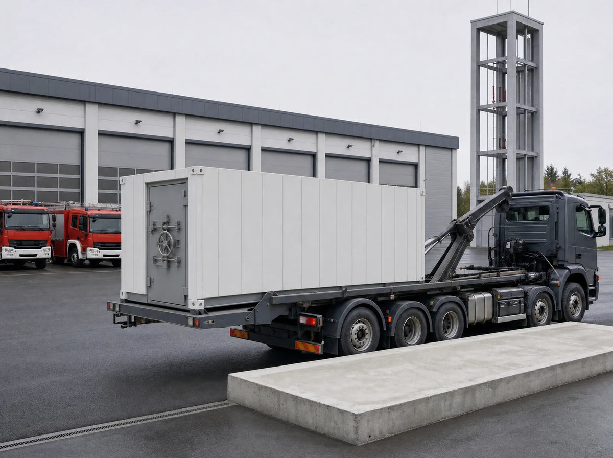 Titan: Per Multilift an einem Tag abgesetzt ohne Baugrube, Anlieferung auf einer Multilift-Plattform per Hakenlift-Lkw auf dem Betriebshof