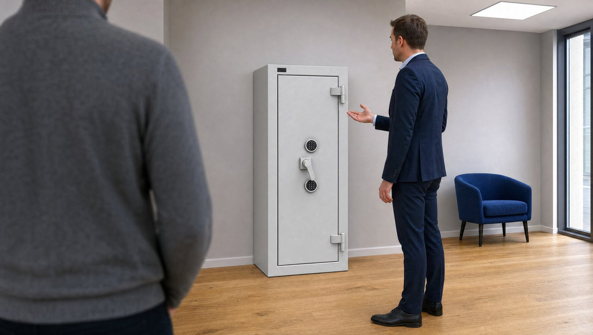 Entretien conseil dans le showroom devant un grand coffre-fort certifié gris clair