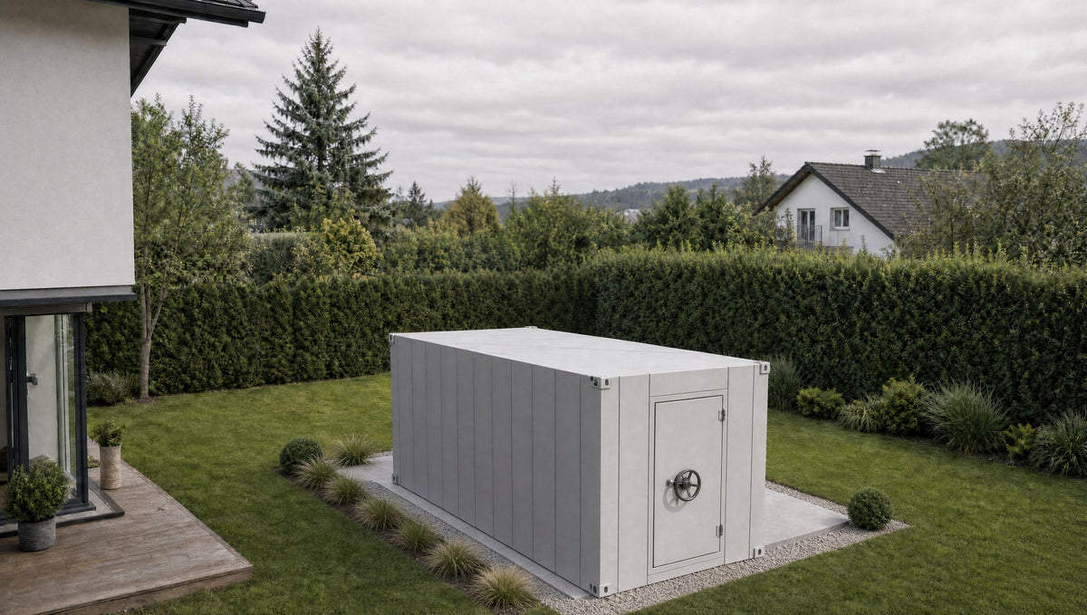 Aegis Container-Schutzraum frisch aufgestellt auf dem Fundament im Garten