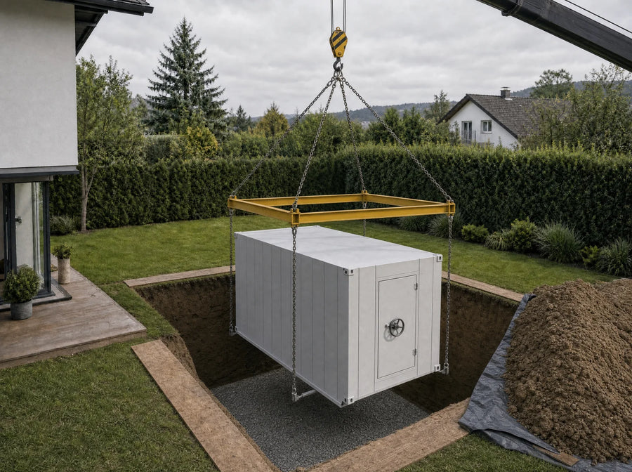 Aegis: Auf Wunsch im Boden versenkt und schnell aufgestellt, der Fertigbunker wird per Autokran waagrecht in eine Baugrube im Garten gehoben