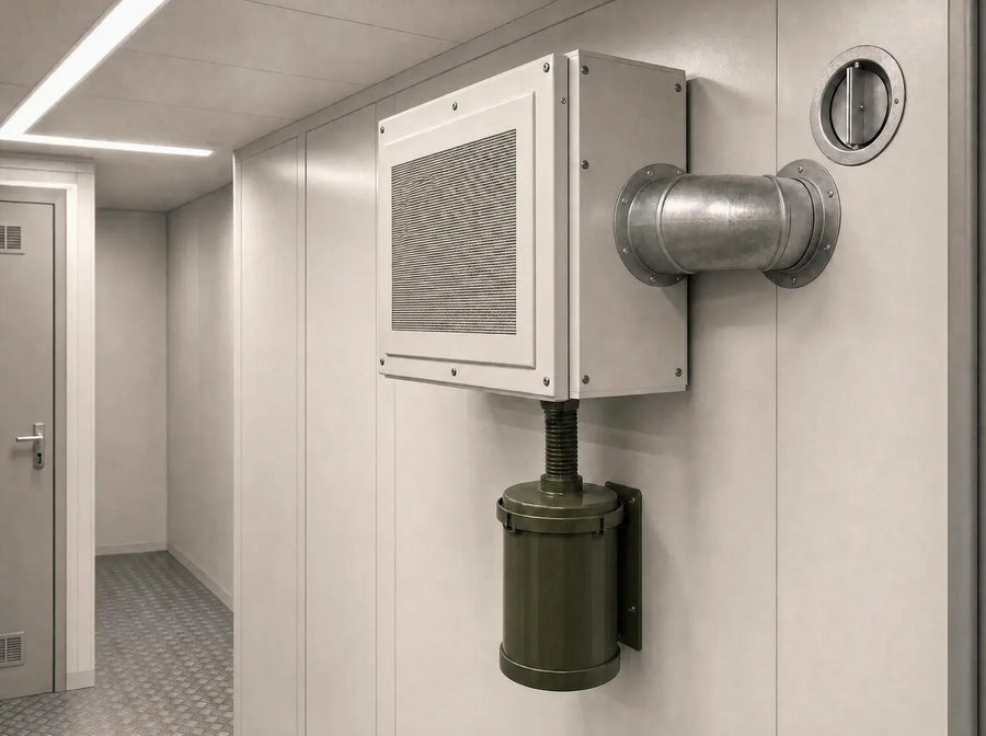 Aegis Fertigbunker: Filteranlage BS40 mit Gasfilter an der Wand, 40 m³ gefilterte Luft pro Stunde