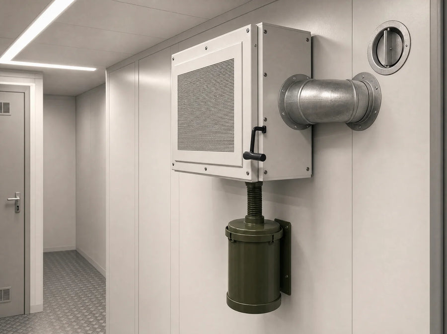 Aegis: 40 m³ gefilterte Luft pro Stunde mit Gasfiltern, Filteranlage BS40 mit Handkurbel, Gasfilter und Überdruckventil an der Wand