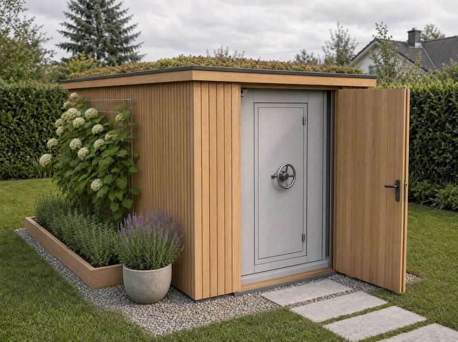 Aegis: Mit Holzverkleidung und Gründach wie ein Gartenhaus, getarnt als Gartenhaus mit offener Holztür, dahinter die Stahl-Sicherheitstür, Gründach