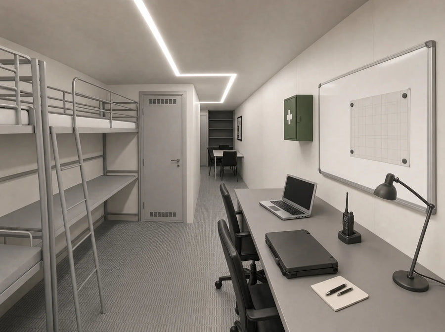 Monolith: Mit Krisenstab-Ausstattung als Rückfallebene nutzbar, Arbeitsplatz mit Laptops, Funkgerät und Planungstafel neben den Etagenbetten