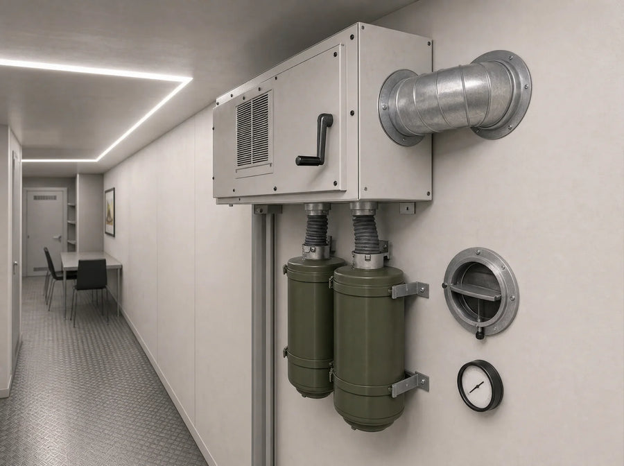 Monolith: ABC-Schutz mit Filteranlage BS40 und 40 m³ pro Stunde, Filteranlage BS40 mit Handkurbel, zwei Filtern und Überdruckventil
