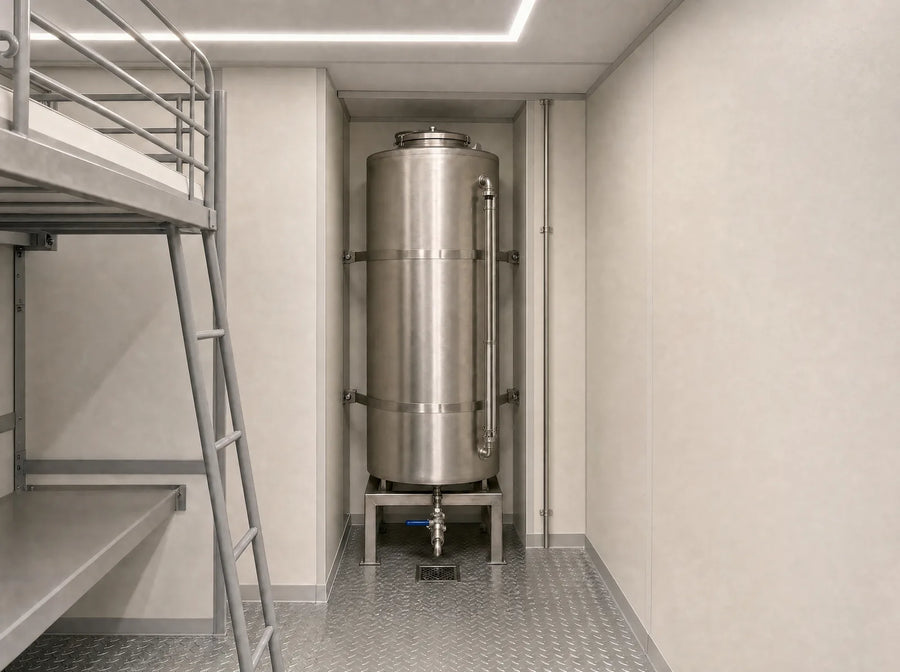 Monolith: Frischwasser für rund 5 bis 7 Tage (Richtwert), Frischwassertank aus Edelstahl mit Absperrhahn in der Techniknische neben den Etagenbetten
