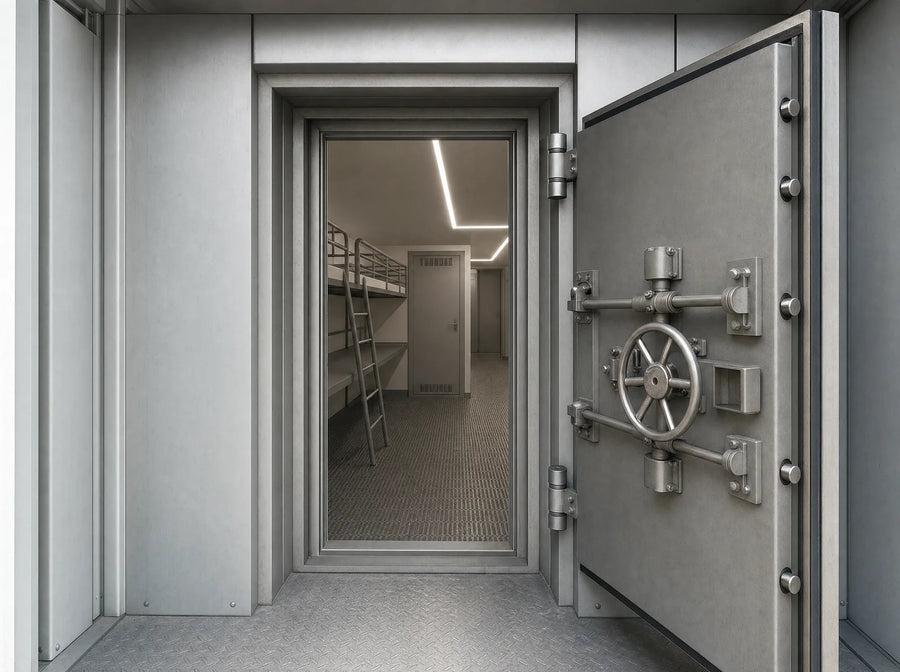 Monolith: Der gesamte Schutzraum hält 7 bar stand, nach außen geöffnete Haupttür mit Handrad und Riegelwerk, Blick auf die Etagenbetten
