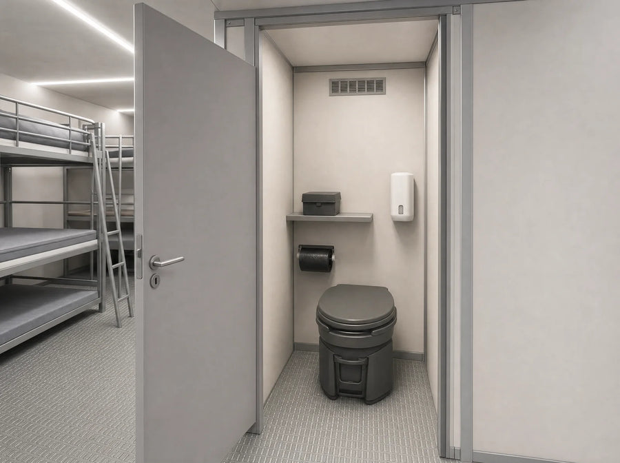 Monolith: Trockentoilette serienmäßig und Sanitärmodul auf Wunsch, Sanitärkabine mit mobiler Trockentoilette