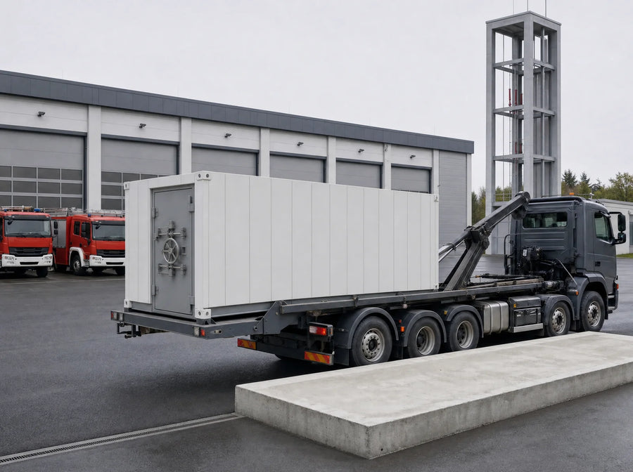 Titan: Per Multilift an einem Tag abgesetzt ohne Baugrube, Anlieferung auf einer Multilift-Plattform per Hakenlift-Lkw auf dem Betriebshof