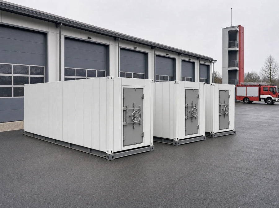 Titan: Mehrere Container koppelbar für mehr Schutzplätze, drei Einheiten stehen einsatzbereit nebeneinander auf dem Betriebshof des Katastrophenschutzes