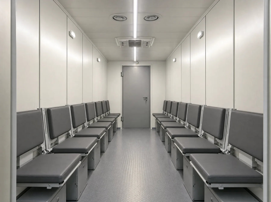 Titan: Bis zu 14 Schutzplätze im 20-Fuß-Container (Richtwert), innen zwei Reihen mit je sieben Klappsitzen, Notbeleuchtung und Lüftungsauslässe