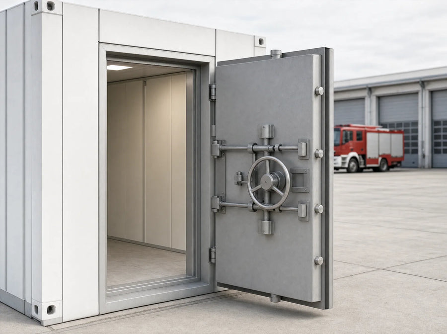 Titan: FB7-NSV und Einbruchschutz vergleichbar Grad 5, geöffnete Schutztür mit Handrad, Riegelwerk und Riegelbolzen, Blick in den Innenraum