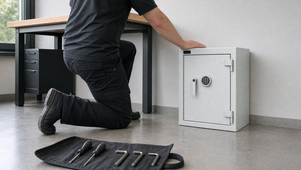 Technicien vérifiant la serrure d'un coffre-fort certifié gris clair, trousse à outils au premier plan