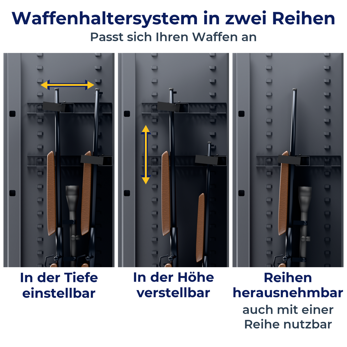 Faunus 7 Kombi-Waffenschrank, geöffnet: Waffenhalter in zwei Reihen, in Tiefe und Höhe verstellbar, Reihen herausnehmbar